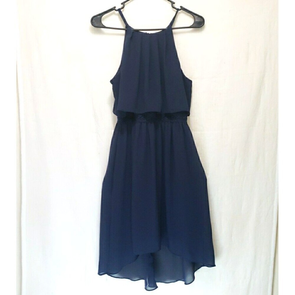 Maurices Navy Blue Chiffon High Low Dress Crochet Lace Waist Halter Neck 3/4 XS